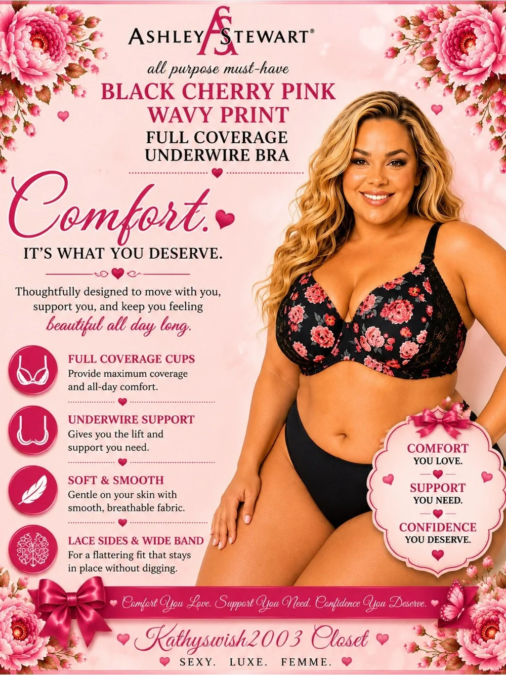Ashley Stewart Black Floral Full Coverage Underwire Bra, Plus Size 46D NEW w/Tag - Picture 5 of 16